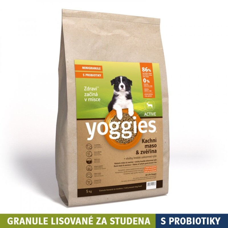 Yoggies Active Kachní maso&zvěřina (5kg), minigranule lisované za studena s probiotiky